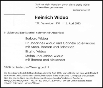 Anzeige von Heinrich Widua von Kölner Stadt-Anzeiger / Kölnische Rundschau / Express
