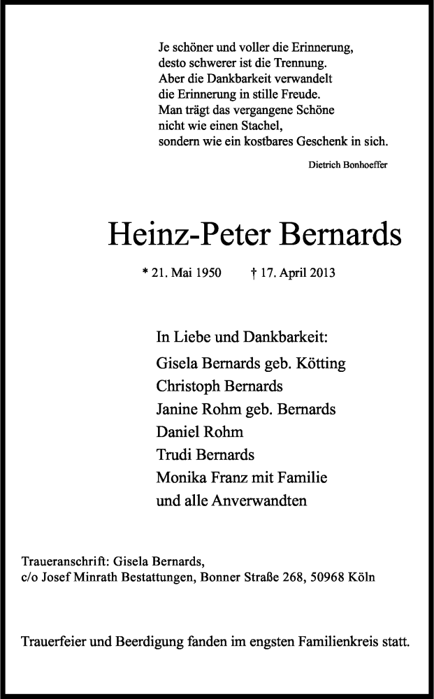  Traueranzeige für Heinz-Peter Bernards vom 27.04.2013 aus Kölner Stadt-Anzeiger / Kölnische Rundschau / Express