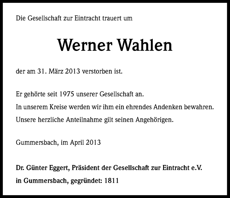  Traueranzeige für Werner Wahlen vom 24.04.2013 aus Kölner Stadt-Anzeiger / Kölnische Rundschau / Express