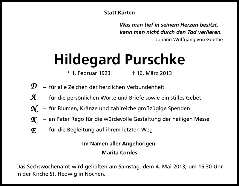  Traueranzeige für Hildegard Purschke vom 27.04.2013 aus Kölner Stadt-Anzeiger / Kölnische Rundschau / Express