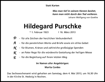 Anzeige von Hildegard Purschke von Kölner Stadt-Anzeiger / Kölnische Rundschau / Express