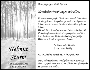 Anzeige von Helmut Sturm von Kölner Stadt-Anzeiger / Kölnische Rundschau / Express