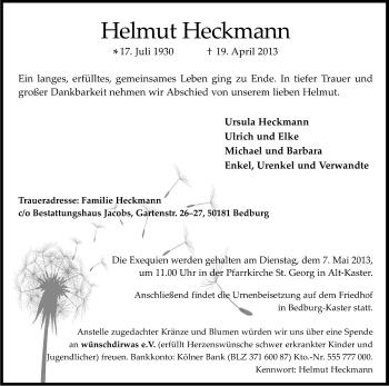 Anzeige von Helmut Heckmann von Kölner Stadt-Anzeiger / Kölnische Rundschau / Express