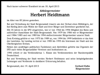 Anzeige von Herbert Heidtmann von Kölner Stadt-Anzeiger / Kölnische Rundschau / Express