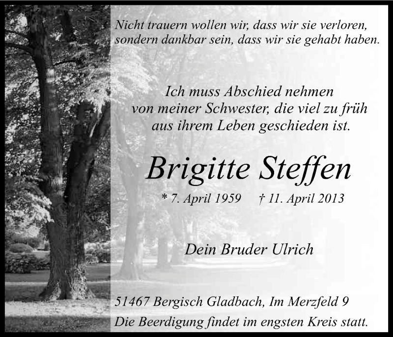  Traueranzeige für Brigitte Steffen vom 23.04.2013 aus Kölner Stadt-Anzeiger / Kölnische Rundschau / Express
