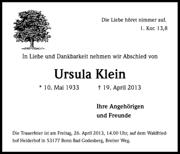 Anzeige von Ursula Klein von Kölner Stadt-Anzeiger / Kölnische Rundschau / Express