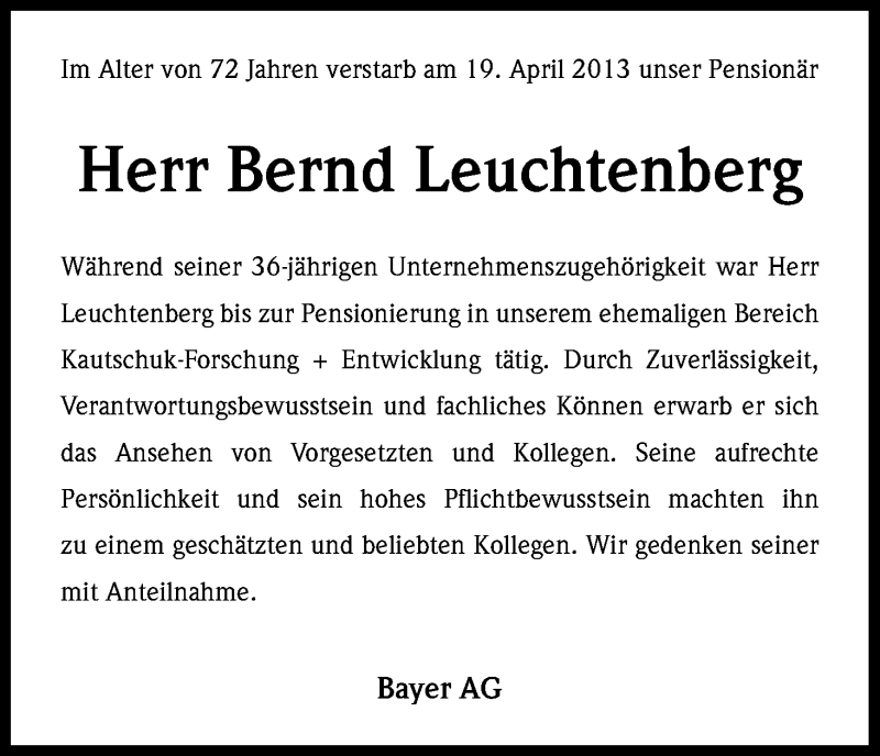  Traueranzeige für Bernd Leuchtenberg vom 23.04.2013 aus Kölner Stadt-Anzeiger / Kölnische Rundschau / Express