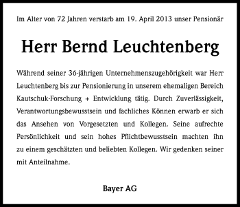 Anzeige von Bernd Leuchtenberg von Kölner Stadt-Anzeiger / Kölnische Rundschau / Express