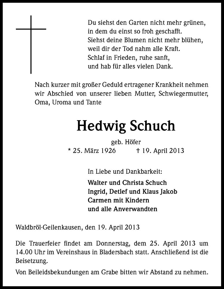  Traueranzeige für Hedwig Schuch vom 23.04.2013 aus Kölner Stadt-Anzeiger / Kölnische Rundschau / Express