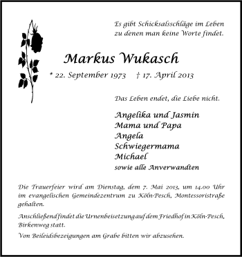 Anzeige von Markus Wukasch von Kölner Stadt-Anzeiger / Kölnische Rundschau / Express