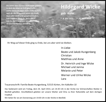 Anzeige von Hildegard Wicke von Kölner Stadt-Anzeiger / Kölnische Rundschau / Express
