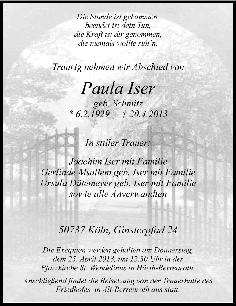  Traueranzeige für Paula Iser vom 24.04.2013 aus Kölner Stadt-Anzeiger / Kölnische Rundschau / Express