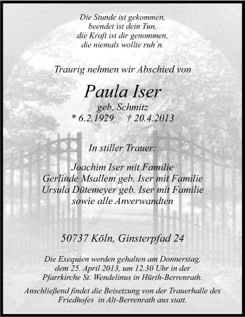 Anzeige von Paula Iser von Kölner Stadt-Anzeiger / Kölnische Rundschau / Express