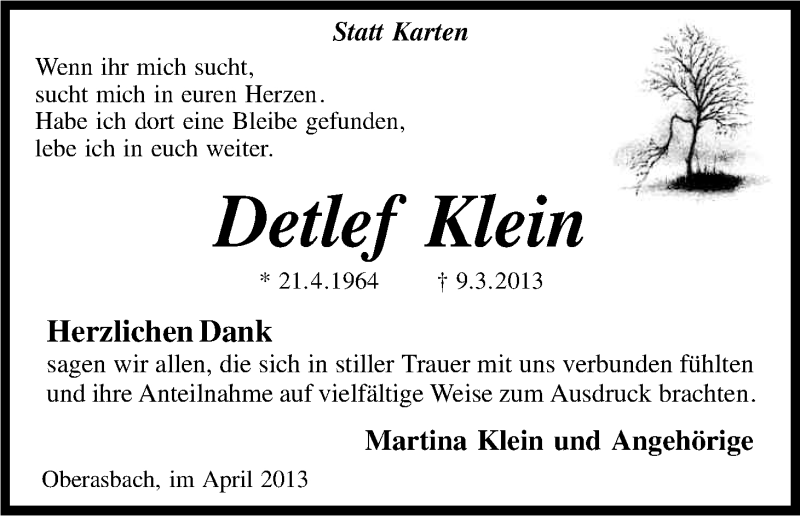  Traueranzeige für Detlef Klein vom 24.04.2013 aus Kölner Stadt-Anzeiger / Kölnische Rundschau / Express