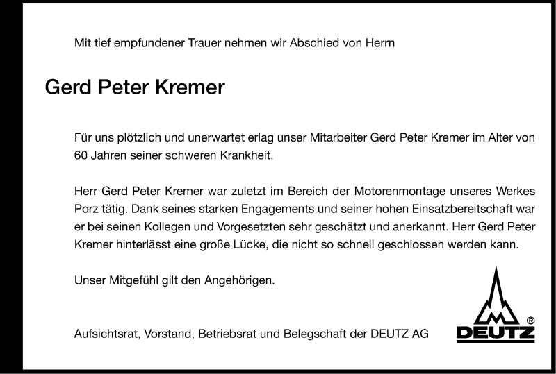  Traueranzeige für Gerd Peter Kremer vom 24.04.2013 aus Kölner Stadt-Anzeiger / Kölnische Rundschau / Express