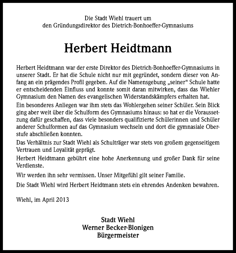  Traueranzeige für Herbert Heidtmann vom 23.04.2013 aus Kölner Stadt-Anzeiger / Kölnische Rundschau / Express
