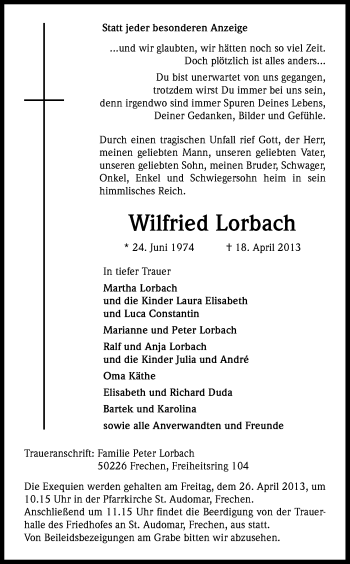 Anzeige von Wilfried Lorbach von Kölner Stadt-Anzeiger / Kölnische Rundschau / Express