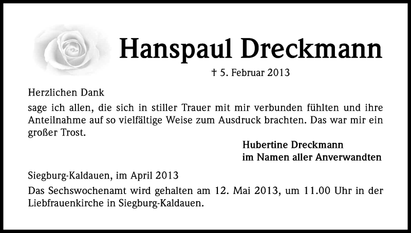  Traueranzeige für Hanspaul Dreckmann vom 27.04.2013 aus Kölner Stadt-Anzeiger / Kölnische Rundschau / Express
