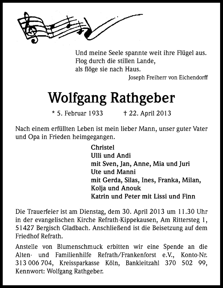  Traueranzeige für Wolfgang Rathgeber vom 23.04.2013 aus Kölner Stadt-Anzeiger / Kölnische Rundschau / Express
