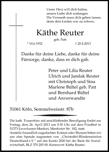 Anzeige von Käthe Reuter von Kölner Stadt-Anzeiger / Kölnische Rundschau / Express