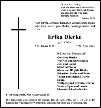 Anzeige von Erika Dierke von Kölner Stadt-Anzeiger / Kölnische Rundschau / Express