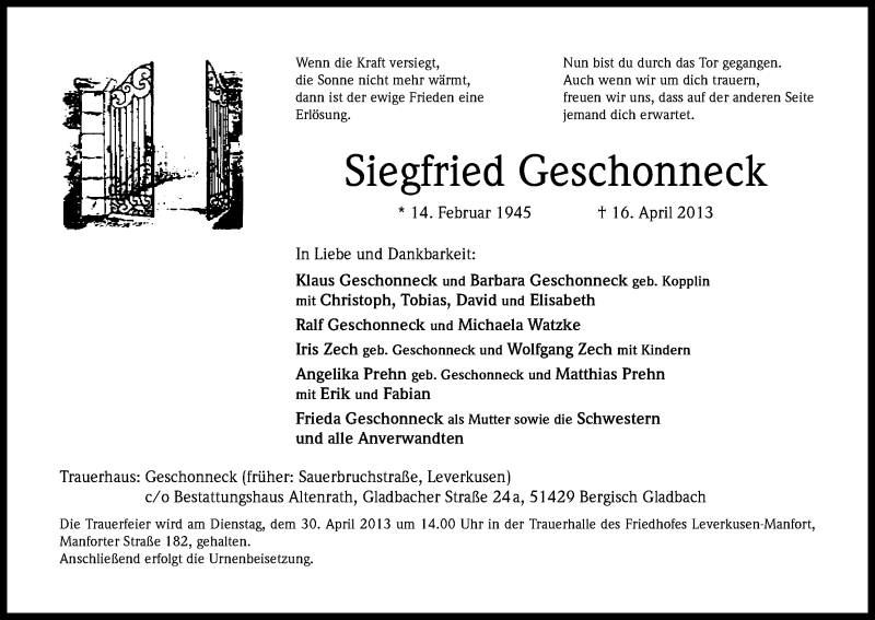  Traueranzeige für Siegfried Geschonneck vom 24.04.2013 aus Kölner Stadt-Anzeiger / Kölnische Rundschau / Express