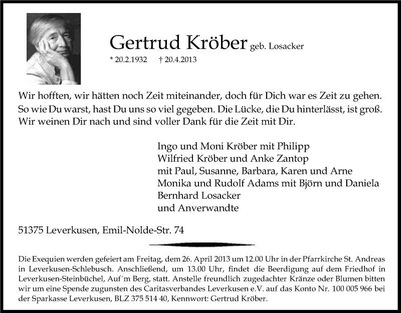  Traueranzeige für Gertrud Kröber vom 24.04.2013 aus Kölner Stadt-Anzeiger / Kölnische Rundschau / Express