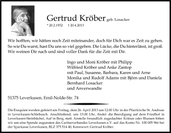 Anzeige von Gertrud Kröber von Kölner Stadt-Anzeiger / Kölnische Rundschau / Express