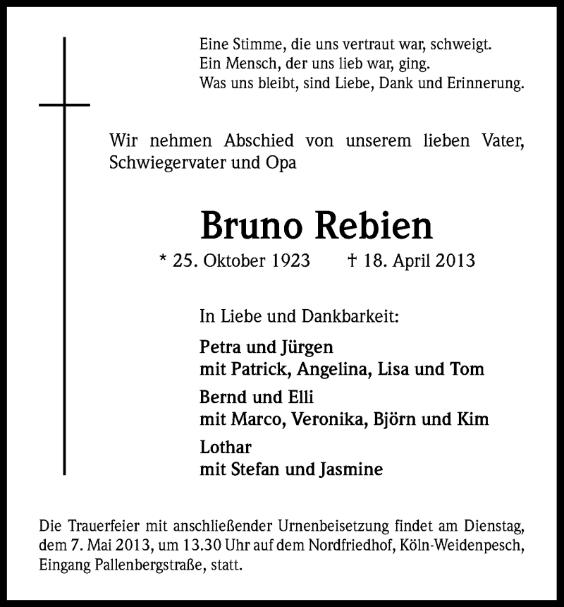 Traueranzeige für Bruno Rebien vom 27.04.2013 aus Kölner Stadt-Anzeiger / Kölnische Rundschau / Express