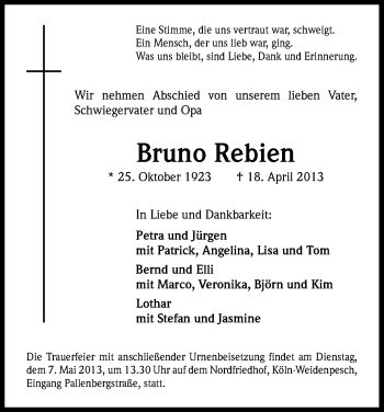 Anzeige von Bruno Rebien von Kölner Stadt-Anzeiger / Kölnische Rundschau / Express
