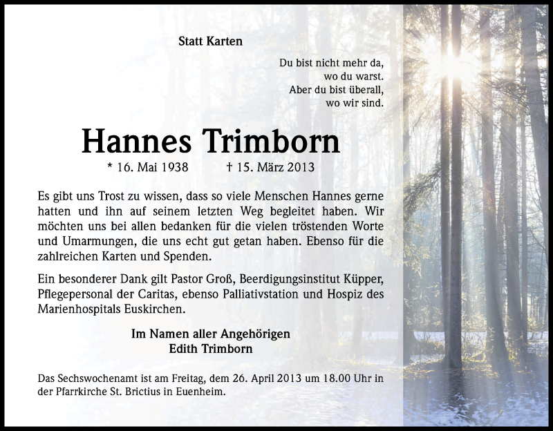  Traueranzeige für Hannes Trimborn vom 24.04.2013 aus Kölner Stadt-Anzeiger / Kölnische Rundschau / Express