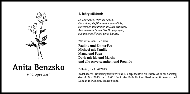  Traueranzeige für Anita Benzsko vom 27.04.2013 aus Kölner Stadt-Anzeiger / Kölnische Rundschau / Express
