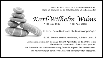 Anzeige von Karl-Wilhelm Wilms von Kölner Stadt-Anzeiger / Kölnische Rundschau / Express