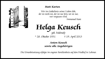 Anzeige von Helga Keusch von Kölner Stadt-Anzeiger / Kölnische Rundschau / Express