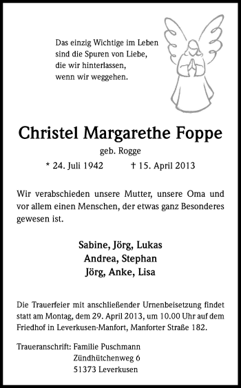 Anzeige von Christel Margarethe Foppe von Kölner Stadt-Anzeiger / Kölnische Rundschau / Express