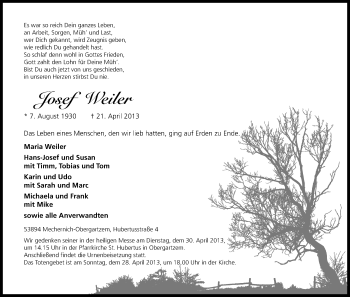 Anzeige von Josef Weiler von Kölner Stadt-Anzeiger / Kölnische Rundschau / Express