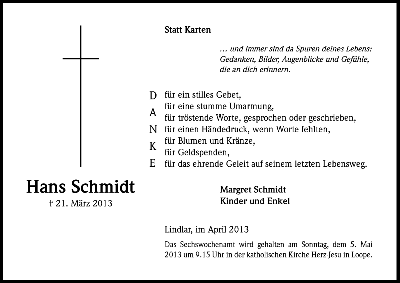  Traueranzeige für Hans Schmidt vom 27.04.2013 aus Kölner Stadt-Anzeiger / Kölnische Rundschau / Express