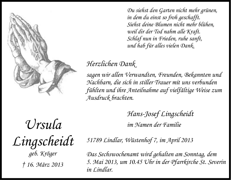  Traueranzeige für Ursula Lingscheidt vom 27.04.2013 aus Kölner Stadt-Anzeiger / Kölnische Rundschau / Express