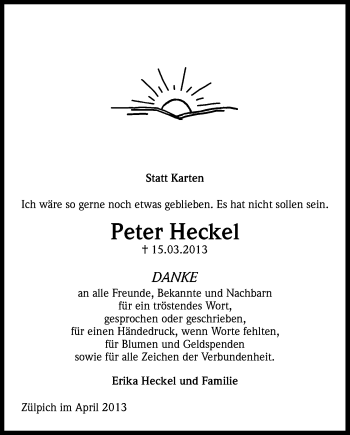 Anzeige von Peter Heckel von Kölner Stadt-Anzeiger / Kölnische Rundschau / Express