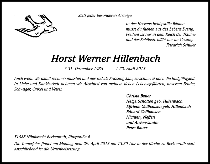 Traueranzeige für Horst Werner Hillenbach vom 24.04.2013 aus Kölner Stadt-Anzeiger / Kölnische Rundschau / Express