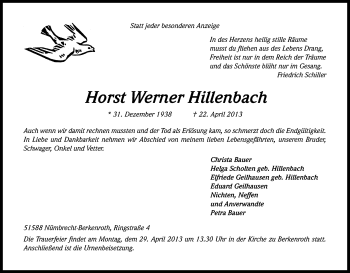 Anzeige von Horst Werner Hillenbach von Kölner Stadt-Anzeiger / Kölnische Rundschau / Express