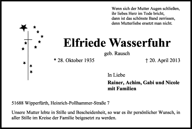 Traueranzeige für Elfriede Wasserfuhr vom 24.04.2013 aus Kölner Stadt-Anzeiger / Kölnische Rundschau / Express