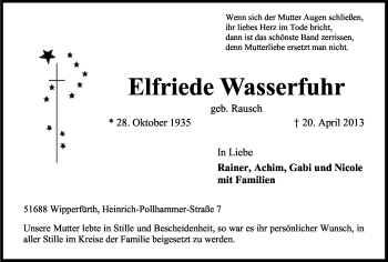 Anzeige von Elfriede Wasserfuhr von Kölner Stadt-Anzeiger / Kölnische Rundschau / Express