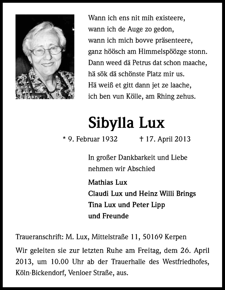  Traueranzeige für Sibylla Lux vom 24.04.2013 aus Kölner Stadt-Anzeiger / Kölnische Rundschau / Express