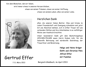 Anzeige von Gertrud Effer von Kölner Stadt-Anzeiger / Kölnische Rundschau / Express
