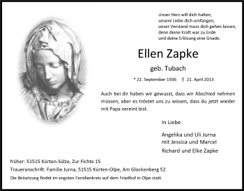 Anzeige von Ellen Zapke von Kölner Stadt-Anzeiger / Kölnische Rundschau / Express