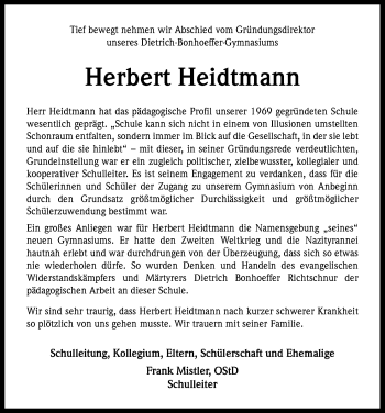 Anzeige von Herbert Heidtmann von Kölner Stadt-Anzeiger / Kölnische Rundschau / Express