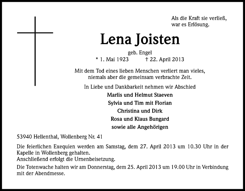  Traueranzeige für Lena Joisten vom 24.04.2013 aus Kölner Stadt-Anzeiger / Kölnische Rundschau / Express