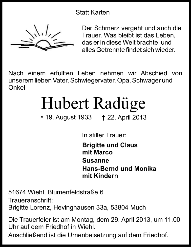  Traueranzeige für Hubert Radüge vom 24.04.2013 aus Kölner Stadt-Anzeiger / Kölnische Rundschau / Express