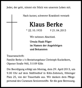 Anzeige von Klaus Berke von Kölner Stadt-Anzeiger / Kölnische Rundschau / Express